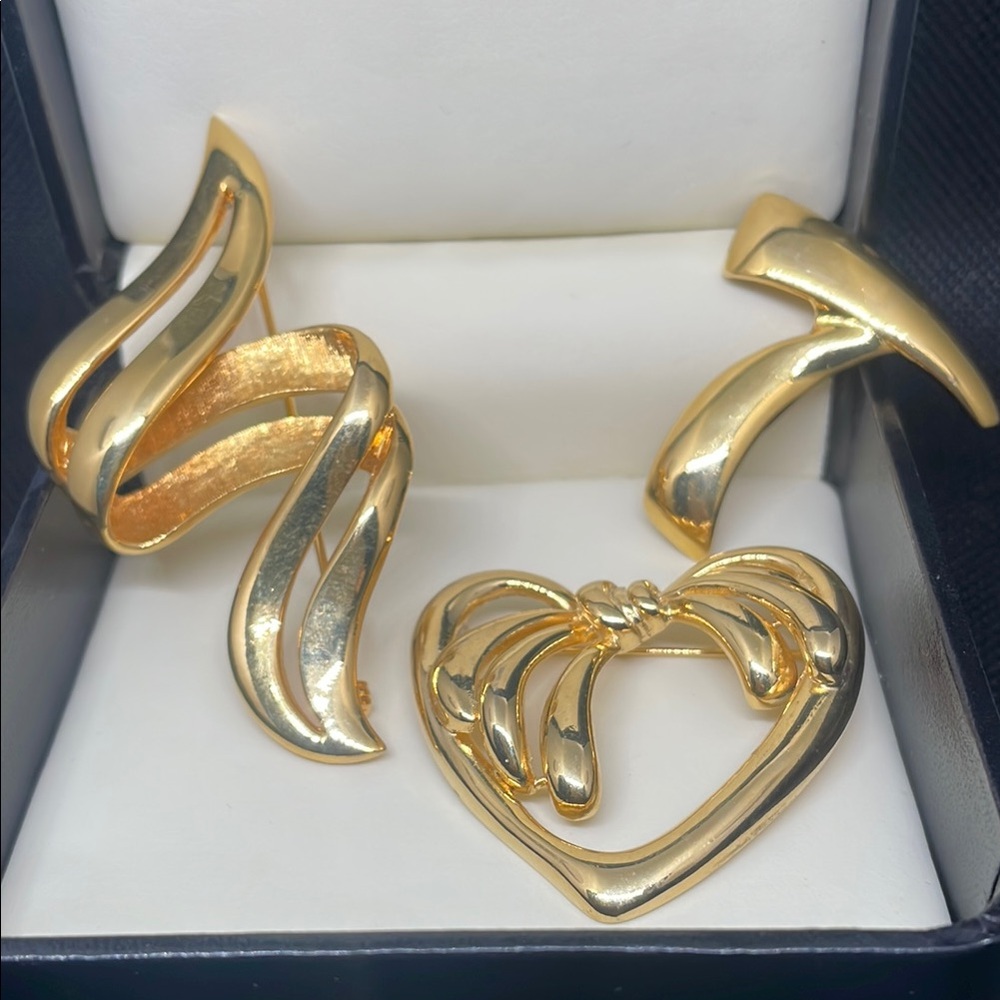 Vintage Jewelry Lot Set of Three Gold Tone Abstract Brooches Brooch
